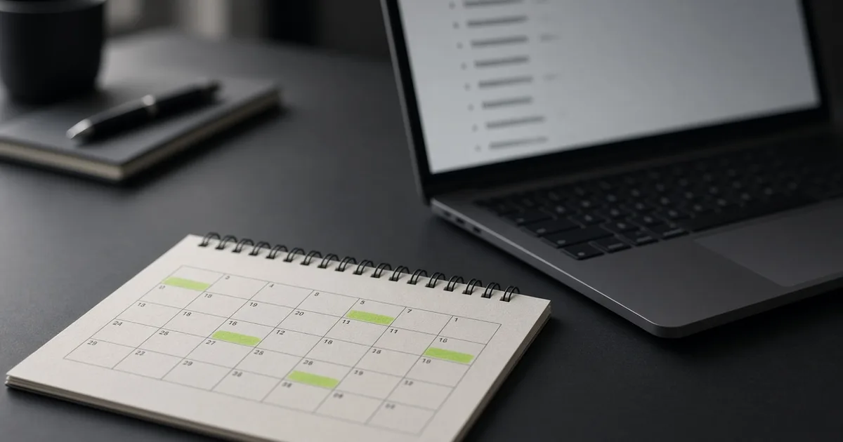 Calendar with highlighted deadlines next to a laptop showing a list of domains